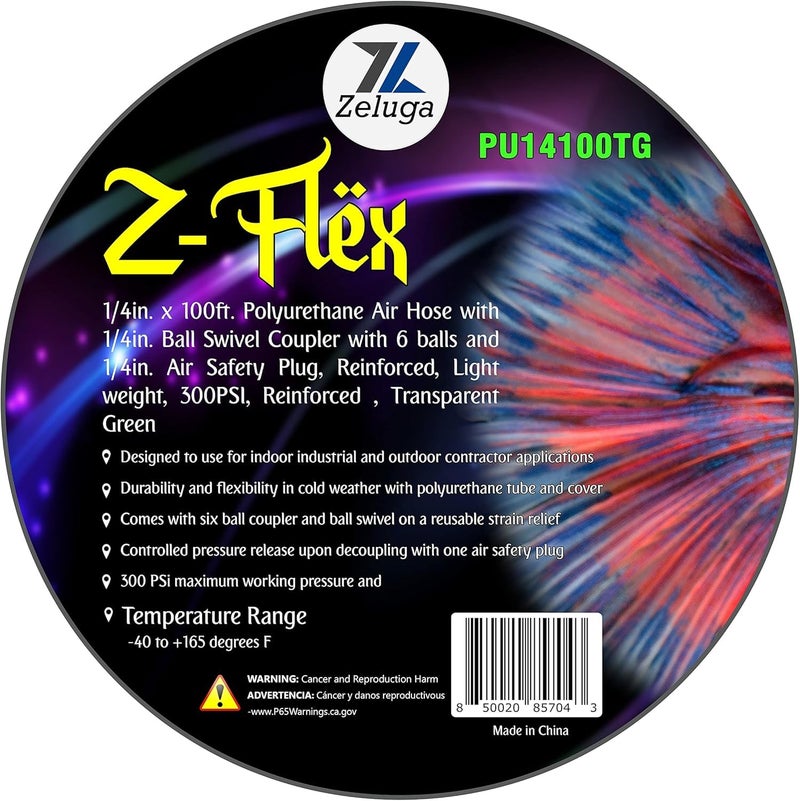 Zeluga Z-Flex Industrial Interchange with Ball Coupler and Air Safety Plug Reinforced Polyurethane Air Hose 300 PSI (Transparent Green, 1/4in. x 100ft.) - Image 1